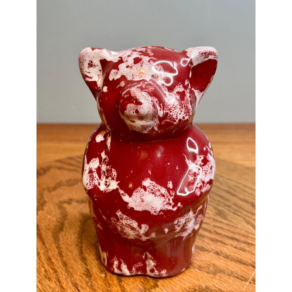 Vintage Bybee Pottery Piggy Bank 6" Tall Maroon  White Splatter Sponge Ware Pain